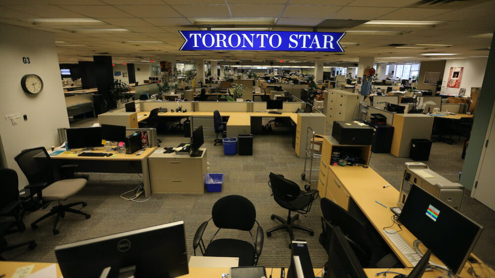 The Toronto Star newsroom sits empty as page editors, web editors, journalists and photo journalists work remotely to put out the newspaper and website.